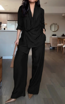 Moachic Satin Drape Collar Single Button Casual Blazer and Elastic Waist Pocket Loose Pants Set