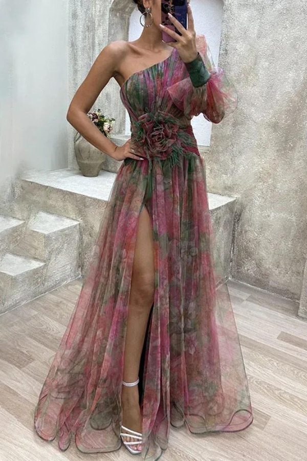 One Shoulder Floral Print Chiffon Fauna Dress