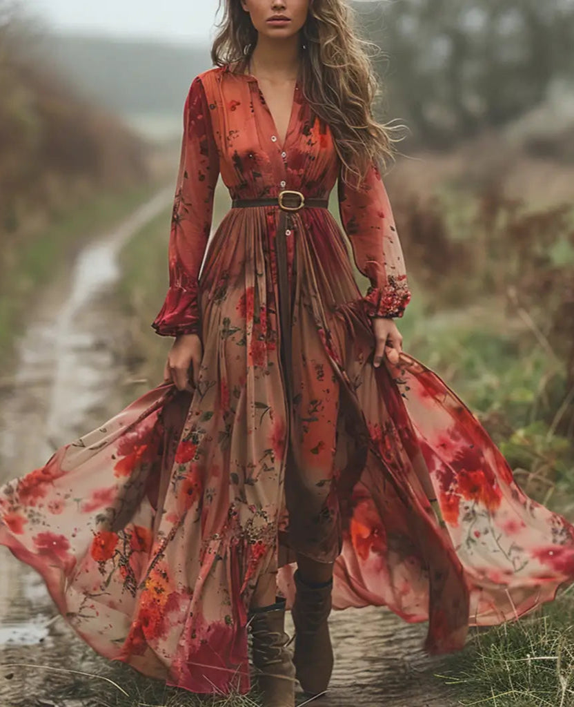 Women's Vintage V-neck Floral Bohemian Pastoral Style Long-sleeved Maxi Long Dress