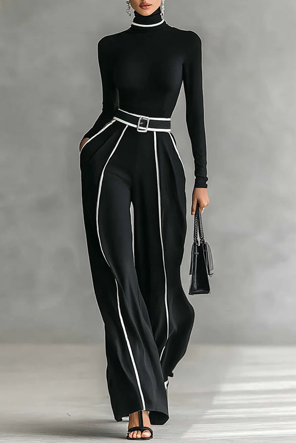Moachic Slim-fit Long-sleeved Turtleneck Top and Casual Pocket Pants Set