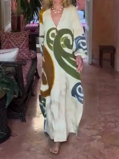 فستان فضفاض مطبوع فريد من نوعه بفتحة رقبة على شكل حرف V