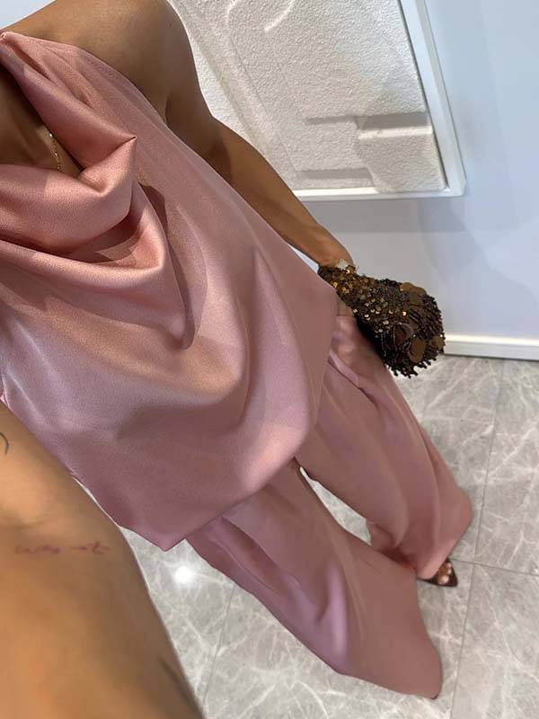 Elegant Halter Neck Swing Collar Top And Wide Leg Pants Suit-Top