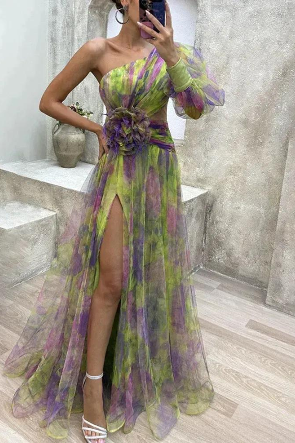 One Shoulder Floral Print Chiffon Fauna Dress