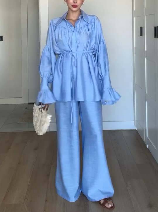 Loose Belt Shirt And Wide Leg Pants Suit-Pants
