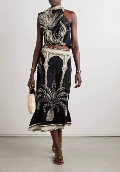 Unique Printed Black Sexy Tops and Midi Skirt Set