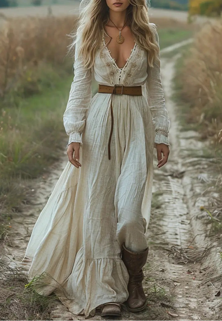 Women's Vintage V-neck Floral Bohemian Pastoral Style Long-sleeved Maxi Long Dress