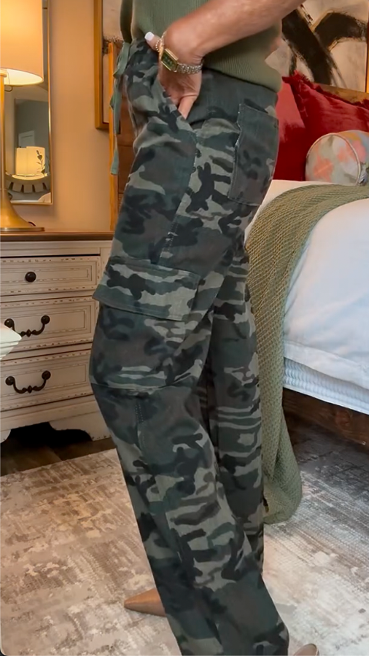 Ladies Round Neck Cross Top+ Camouflage Pants Casual Suit