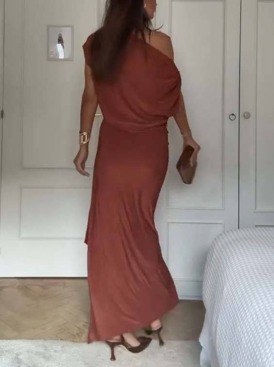 Oblique Collar Off-Shoulder Pleated Maxi Dress