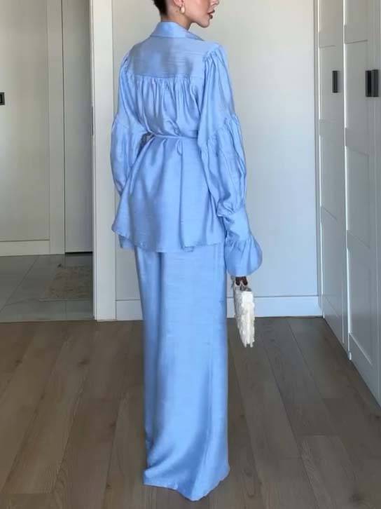 Loose Belt Shirt And Wide Leg Pants Suit-Pants