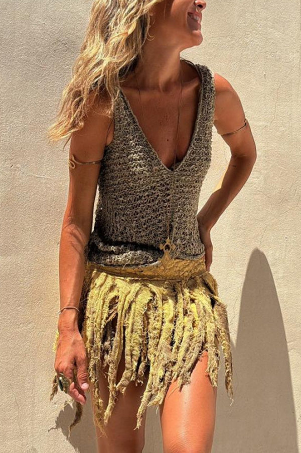 Moachic Knit V-neck Hollow Out Twist Loose Tank