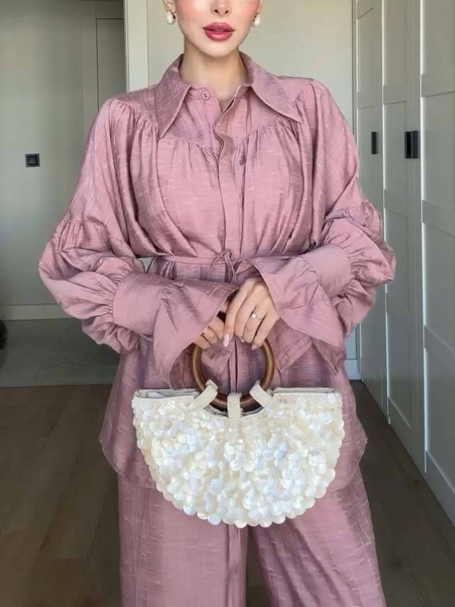 Loose Belt Shirt And Wide Leg Pants Suit-Shirt
