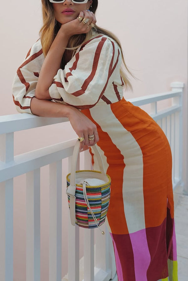 Blend Color Block Print Kaya Linen Dress Front Cutout Knot Puff Sleeve Maxi Dress