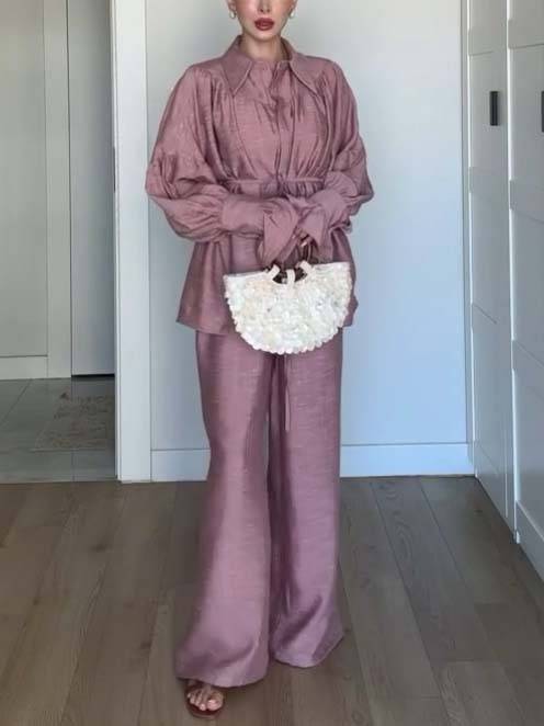 Loose Belt Shirt And Wide Leg Pants Suit-Shirt