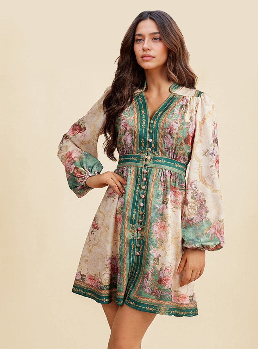 Retro Palace Style V-Neck Printed Mini Dress