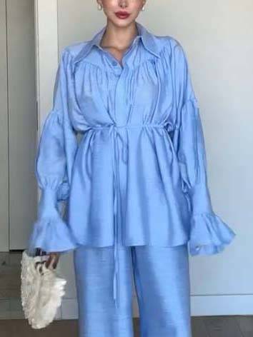 Loose Belt Shirt And Wide Leg Pants Suit-Shirt