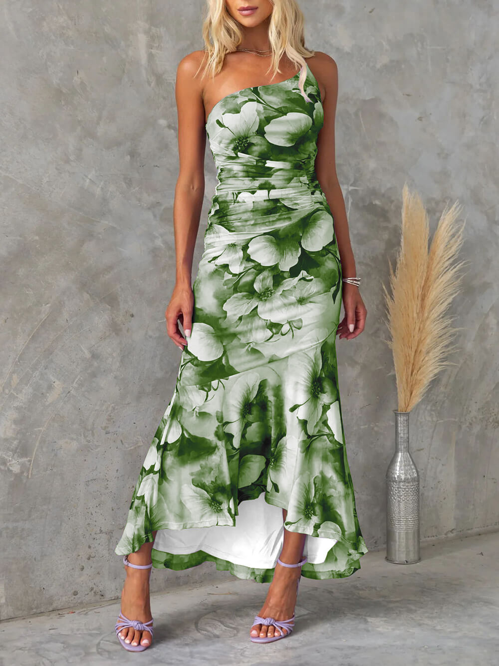 One Shoulder Asymmetrical Floral Irregular Maxi Dress