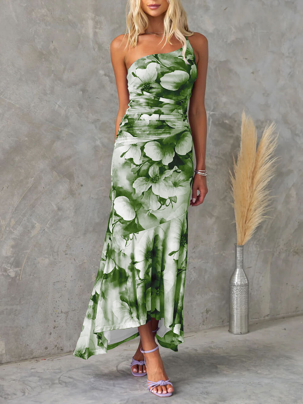 One Shoulder Asymmetrical Floral Irregular Maxi Dress