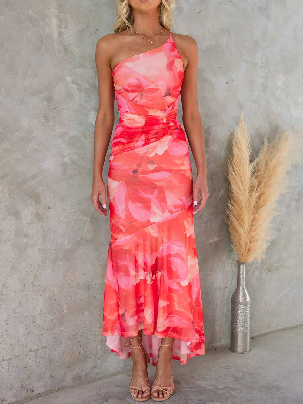 One Shoulder Asymmetrical Floral Irregular Maxi Dress