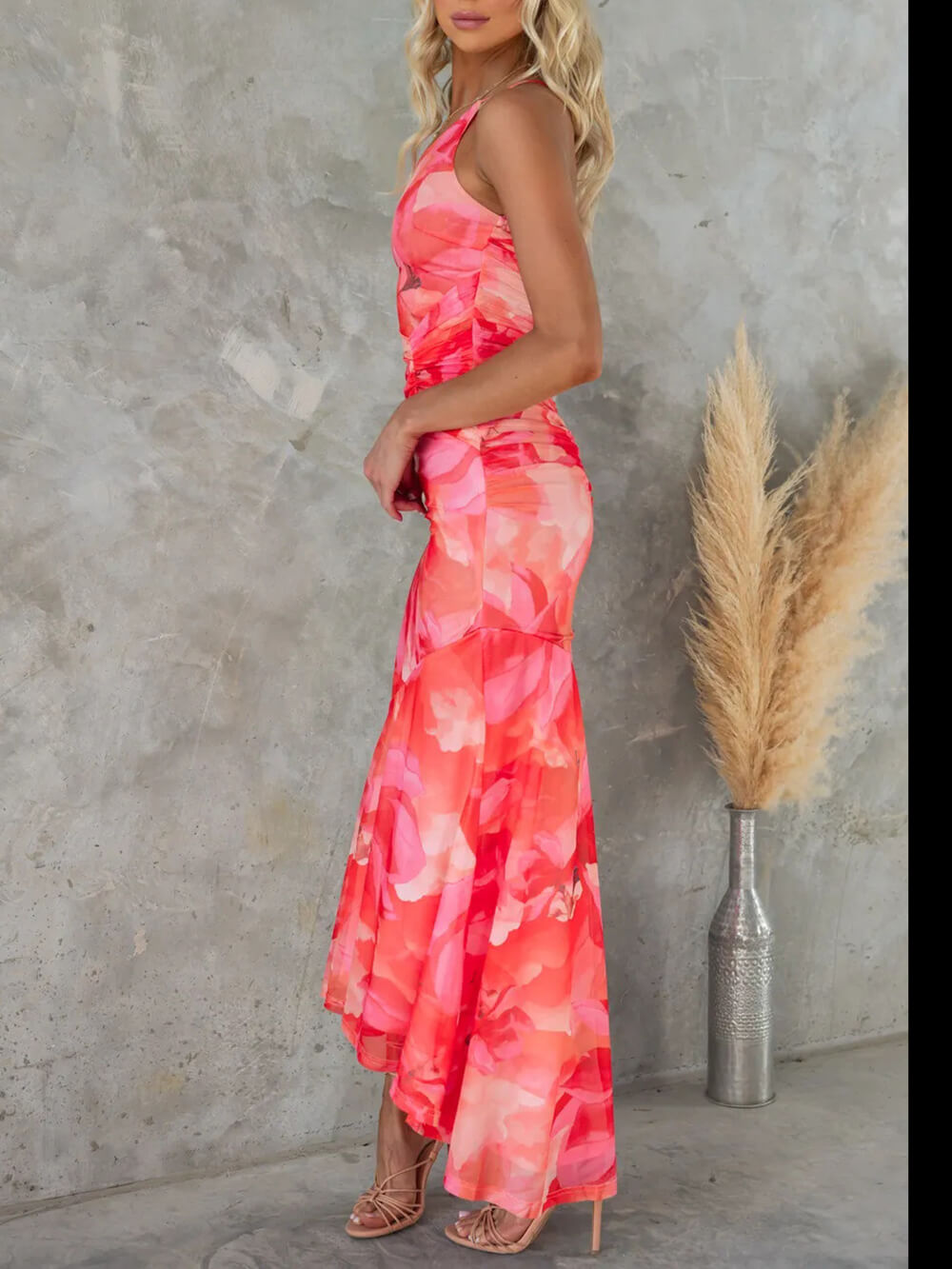 One Shoulder Asymmetrical Floral Irregular Maxi Dress