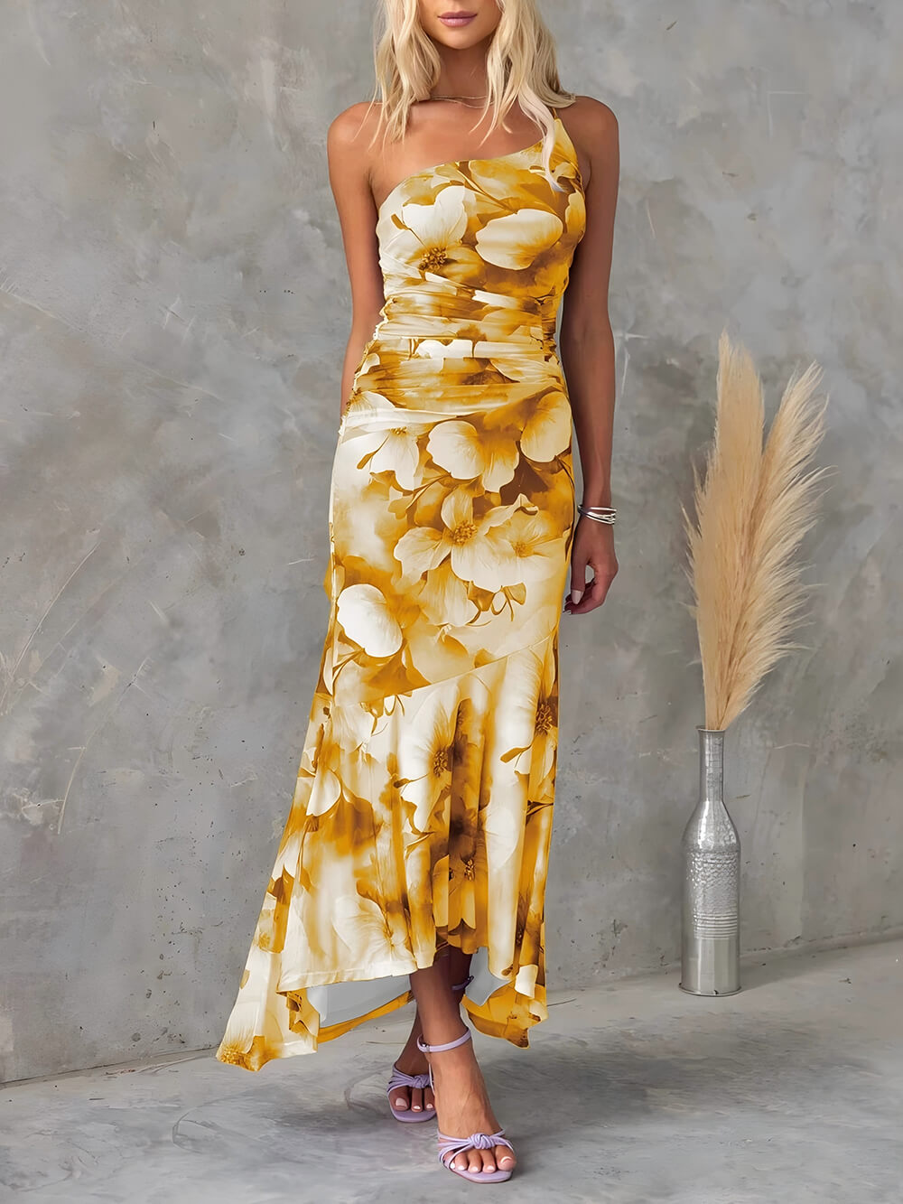 One Shoulder Asymmetrical Floral Irregular Maxi Dress