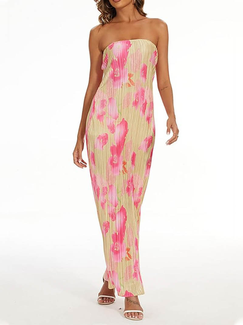 Floral Print Pleated Tie Back Strapless Maxi Dress