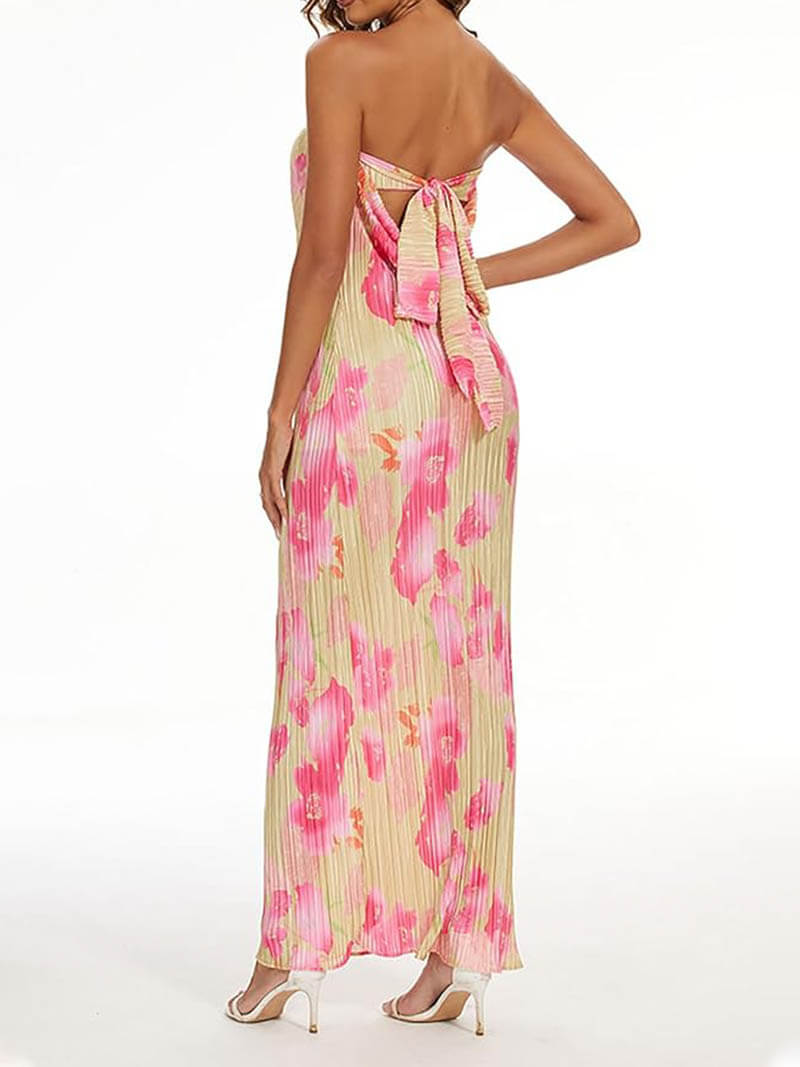 Floral Print Pleated Tie Back Strapless Maxi Dress