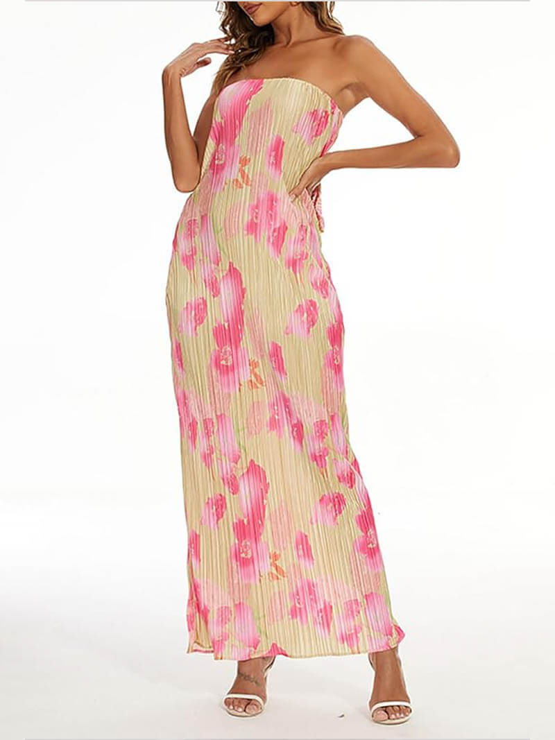Floral Print Pleated Tie Back Strapless Maxi Dress