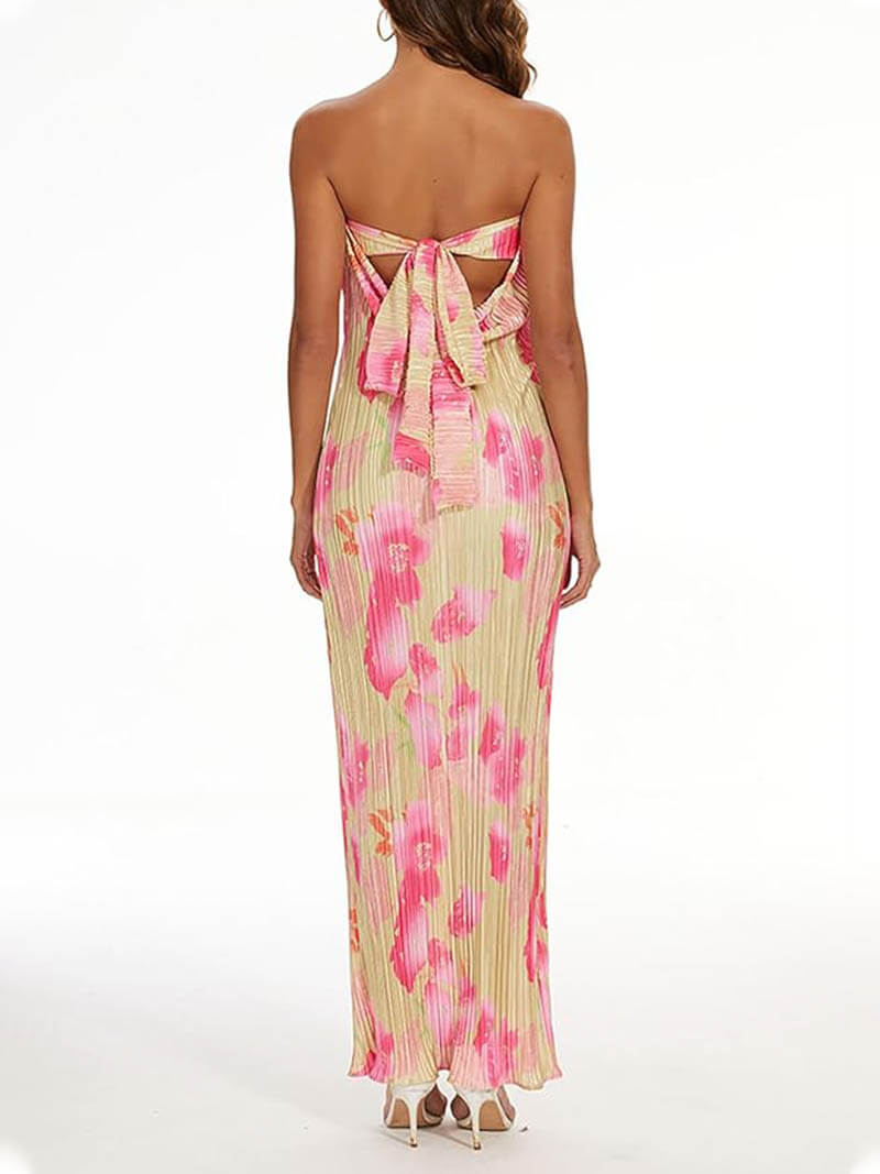 Floral Print Pleated Tie Back Strapless Maxi Dress