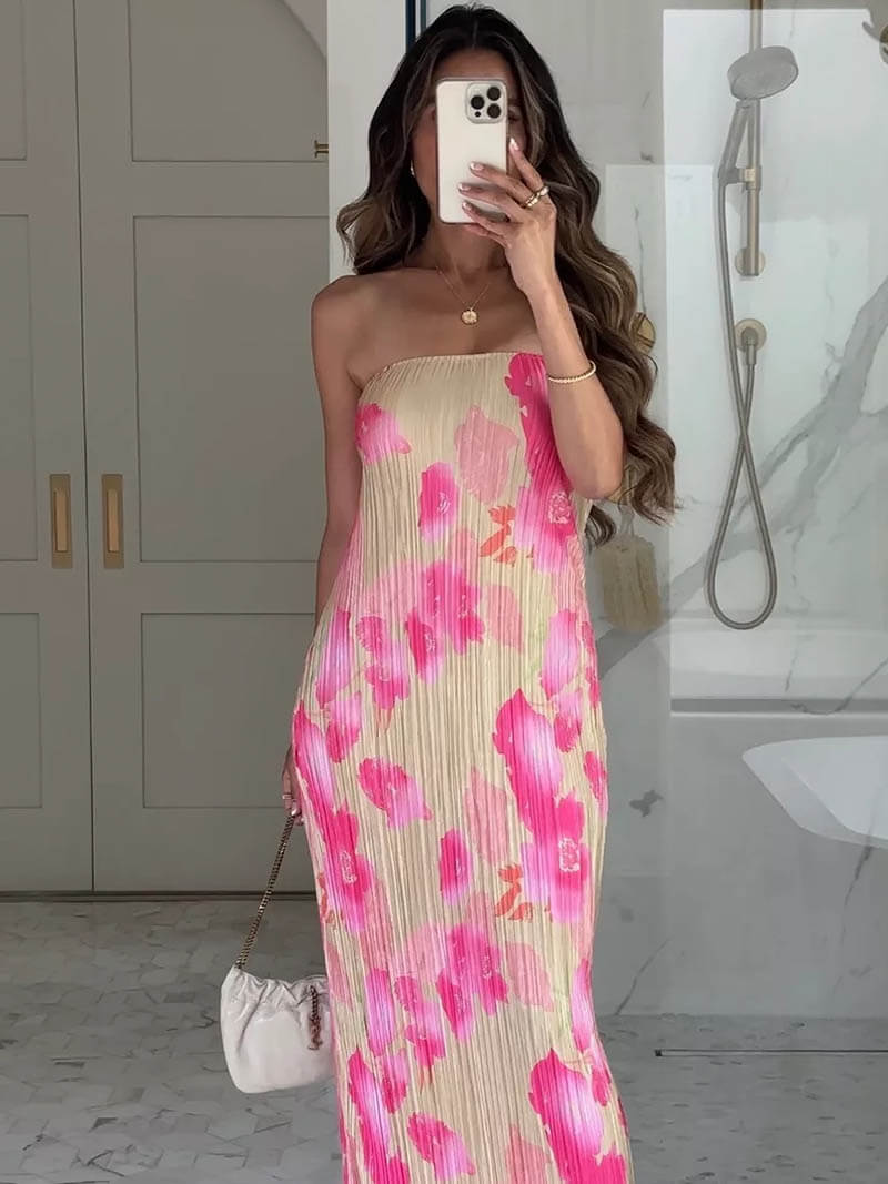 Floral Print Pleated Tie Back Strapless Maxi Dress