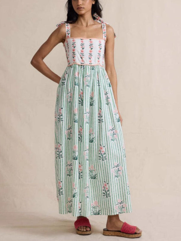 Bohemian Floral Tie-Shoulder & Tiered Design Maxi Dress
