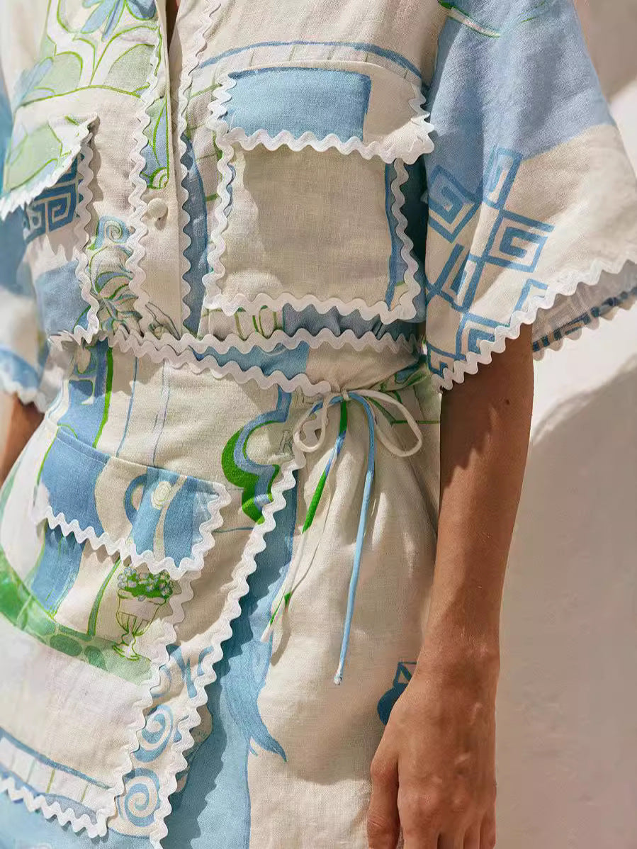 Unique Painted Print Irregular Shirt and Skirt Two Piece Set