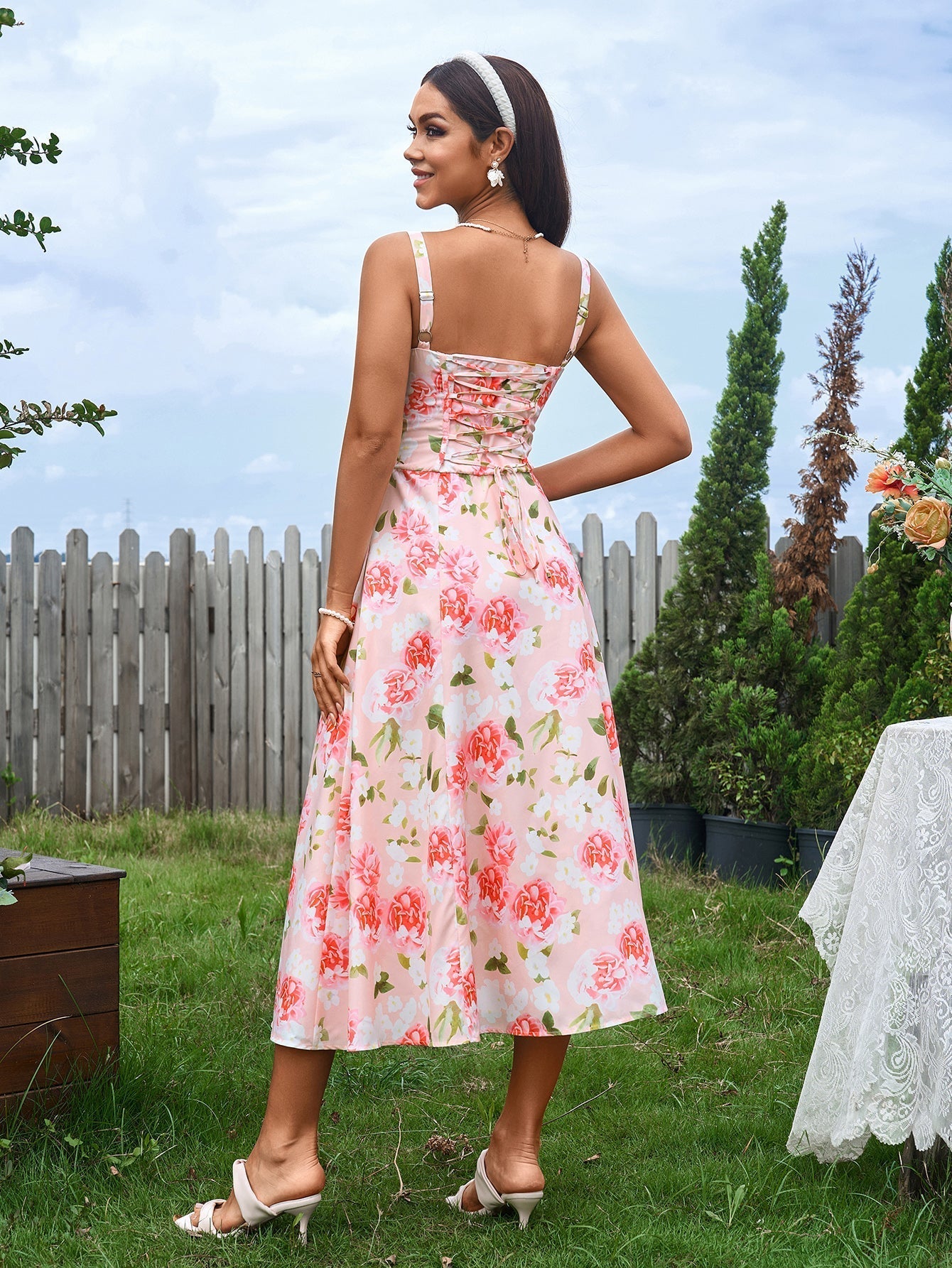 Ruched Bust Split Thigh Cami Floral Midi Dress
