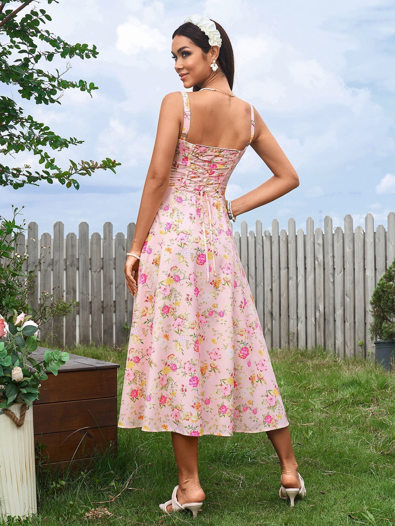 Ruched Bust Split Thigh Cami Floral Midi Dress