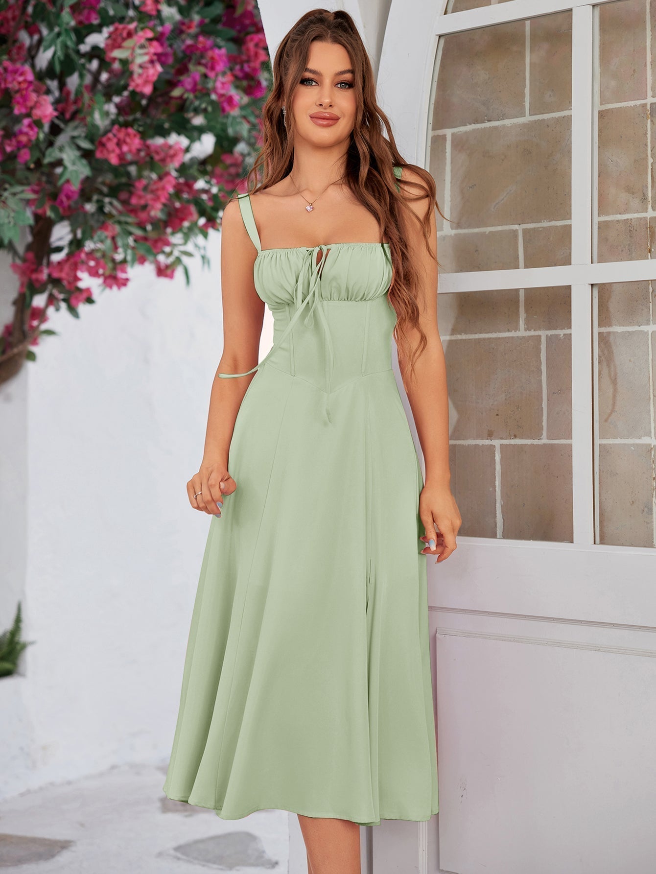 Ruched Bust Split Thigh Cami Floral Midi Dress