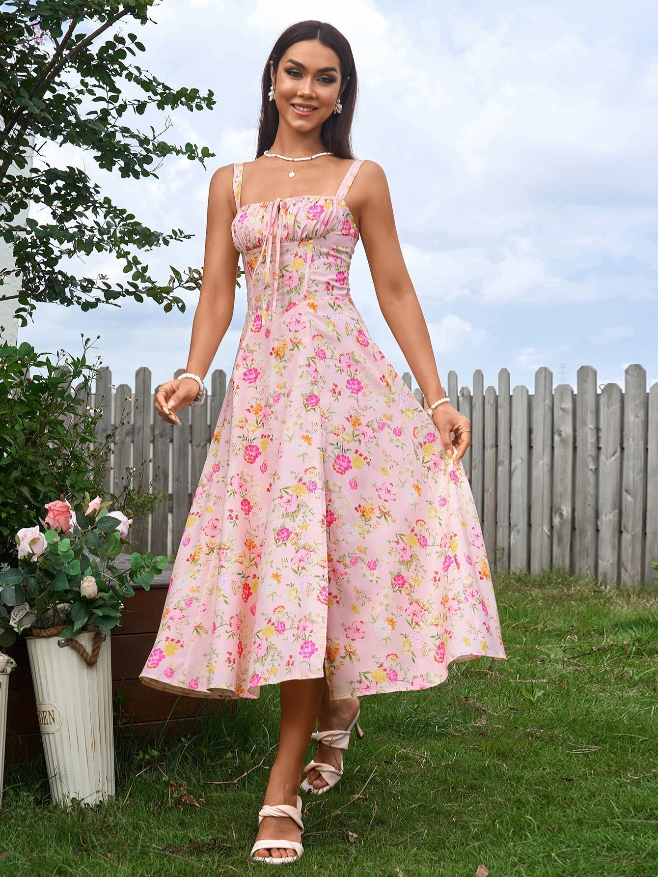 Ruched Bust Split Thigh Cami Floral Midi Dress
