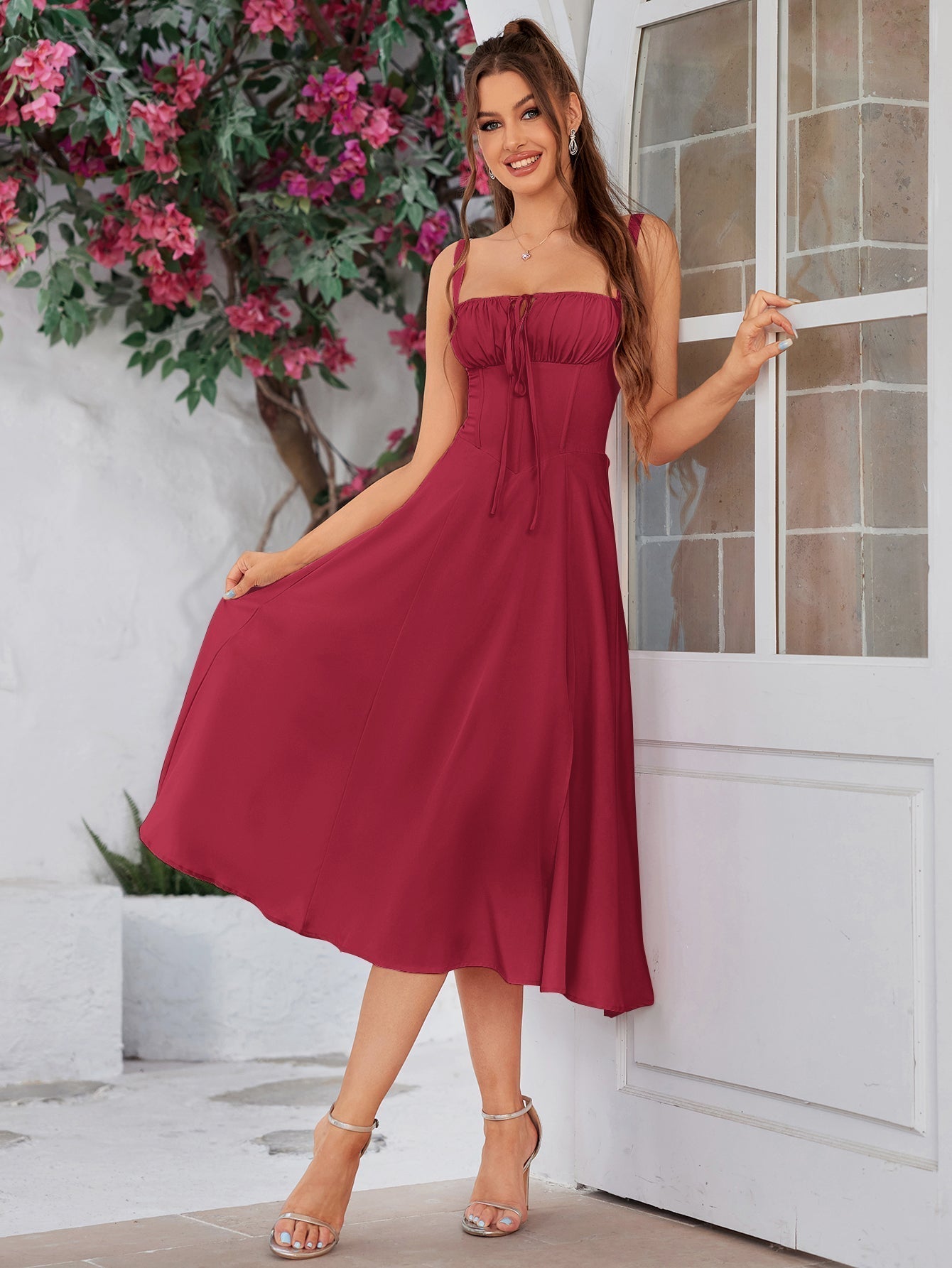 Ruched Bust Split Thigh Cami Floral Midi Dress