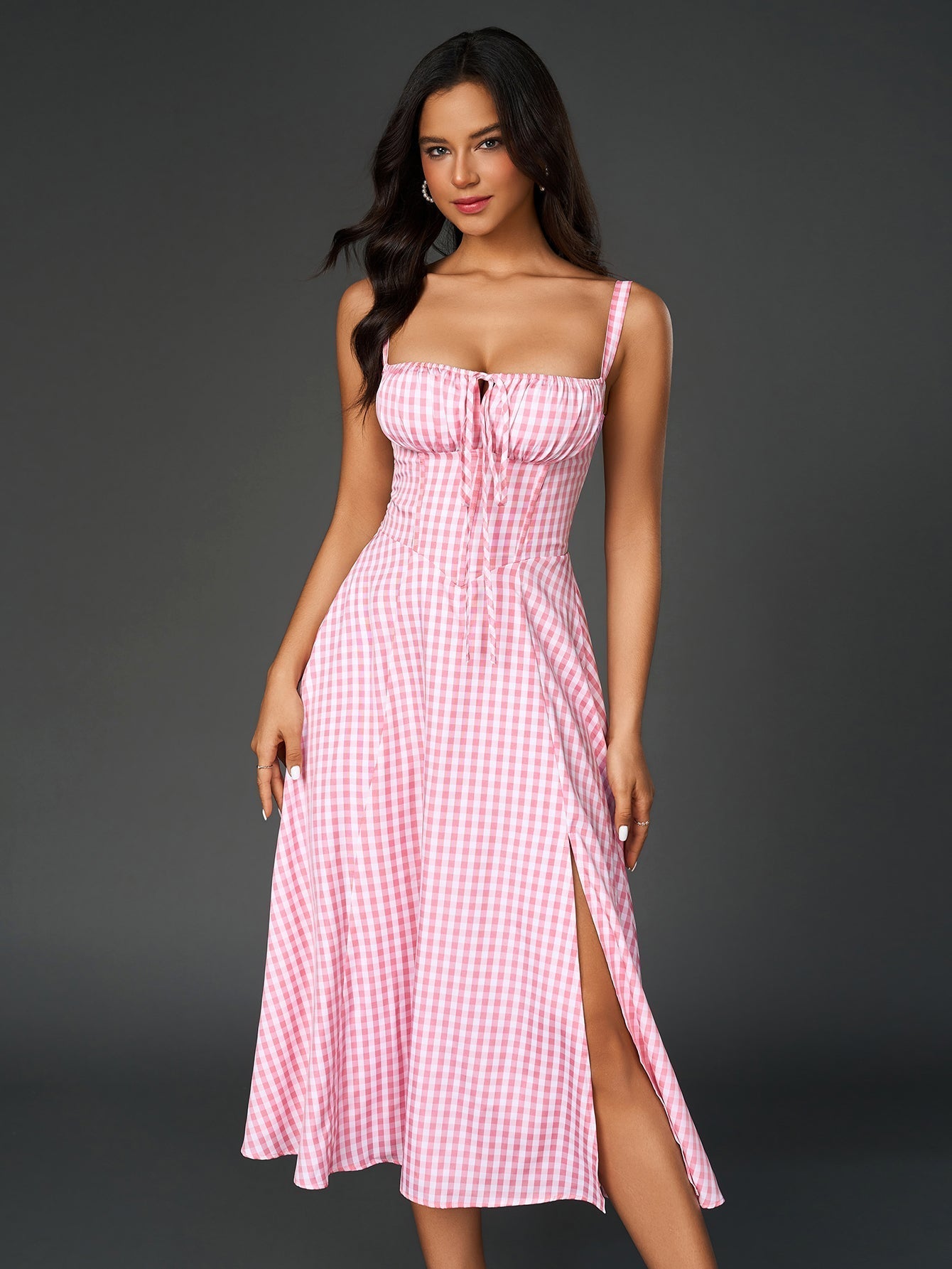 Ruched Bust Split Thigh Cami Floral Midi Dress
