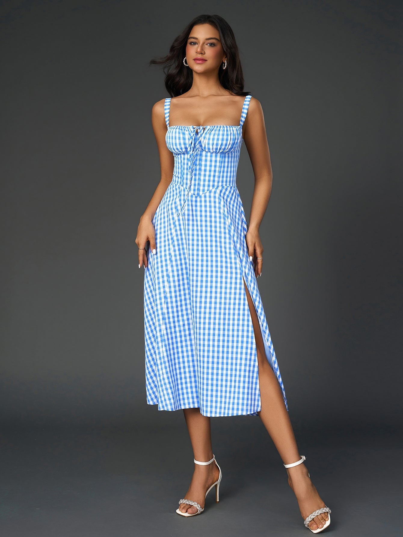 Ruched Bust Split Thigh Cami Floral Midi Dress