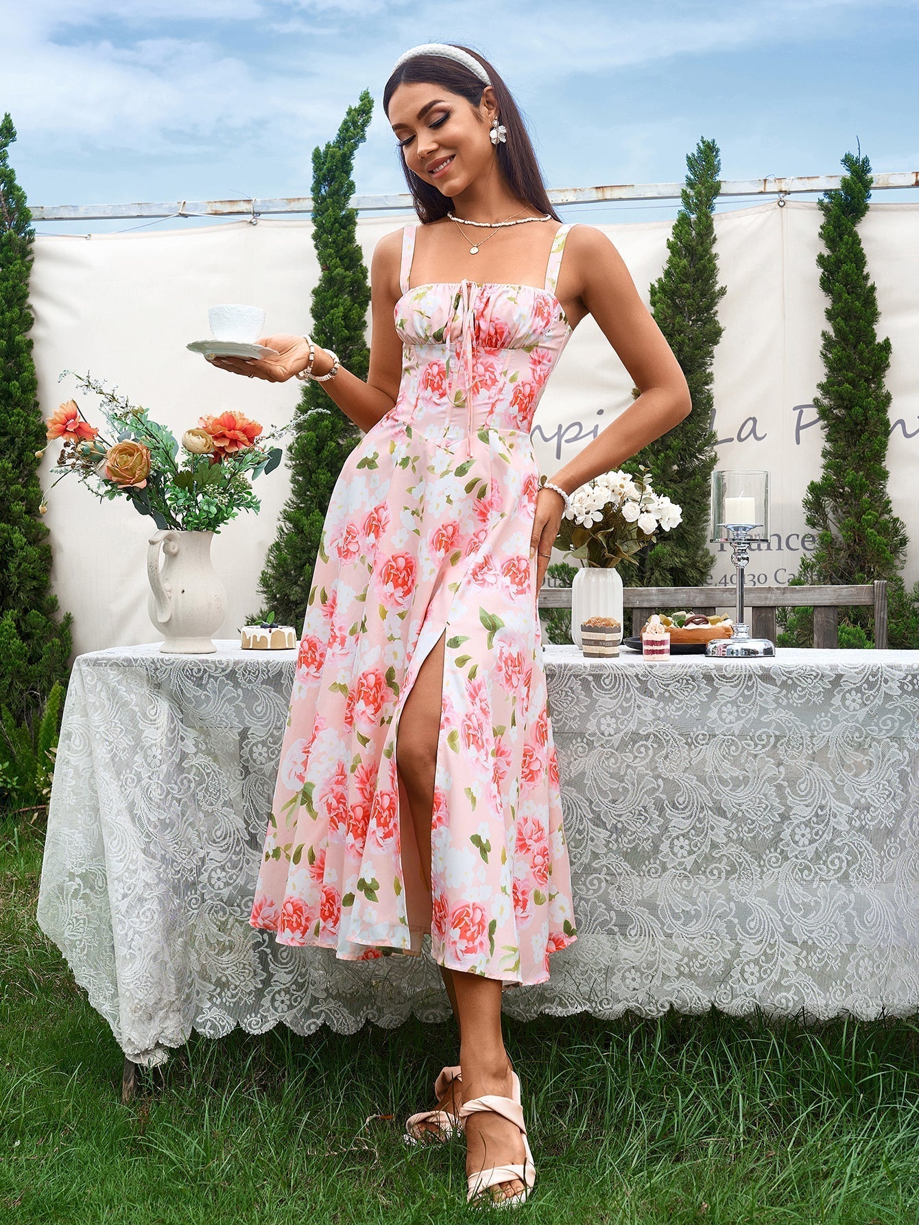 Ruched Bust Split Thigh Cami Floral Midi Dress