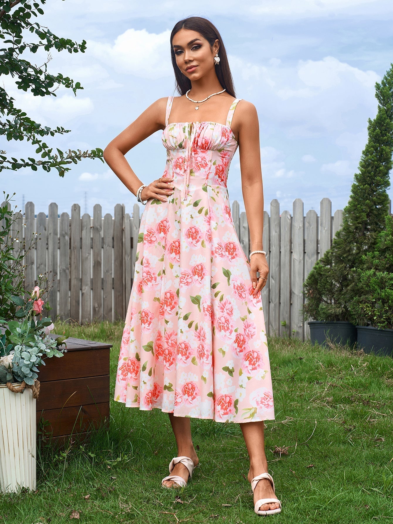 Ruched Bust Split Thigh Cami Floral Midi Dress