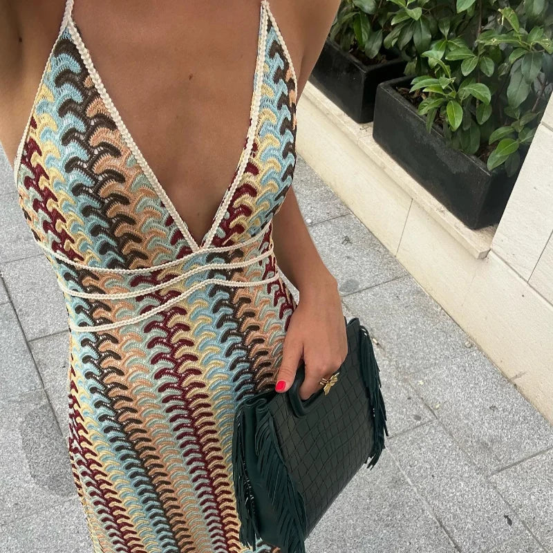 Moachic Zigzag Crochet Maxi Halter Dress