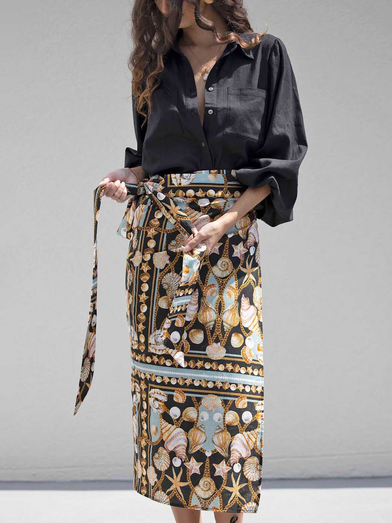 Exquisite Dark Treasure Print Midi Wrap Skirt