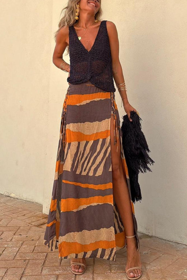Moachic Bendita Colorblock Print Elastic Waist Side Lace-up Slit Maxi Skirt