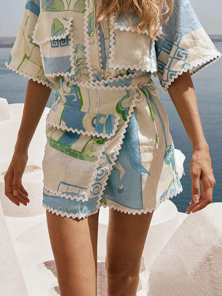 Unique Painted Print Irregular Shirt and Skirt Two Piece Set