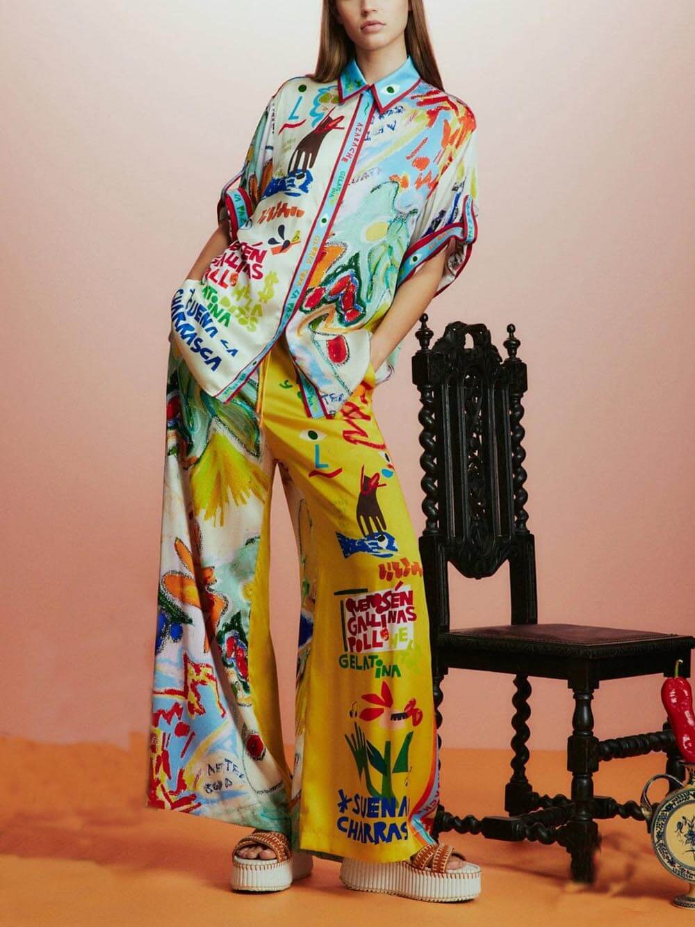 Unique Print Short-Sleeved Loose Shirt and Pants Set