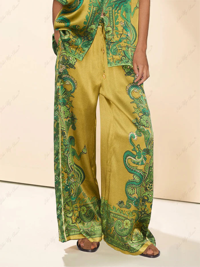 Exquisite Satin Unique Floral Print Button Down Loose Shirt and Pants Set