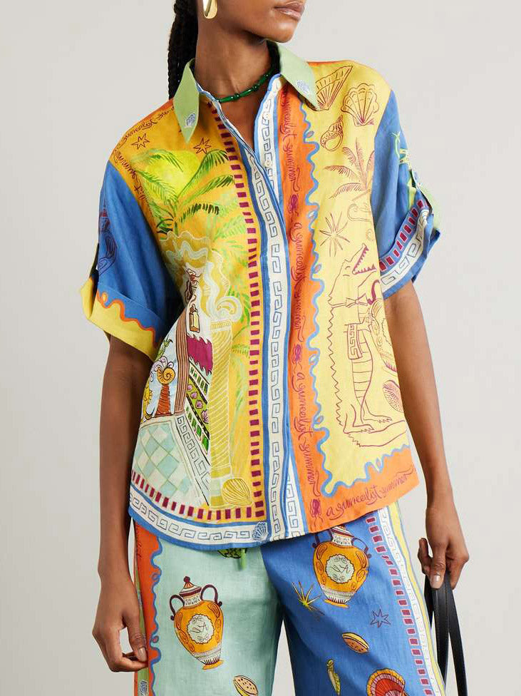Unique Summer Fantasy Print Short-sleeved Loose Shirt and Pants Set