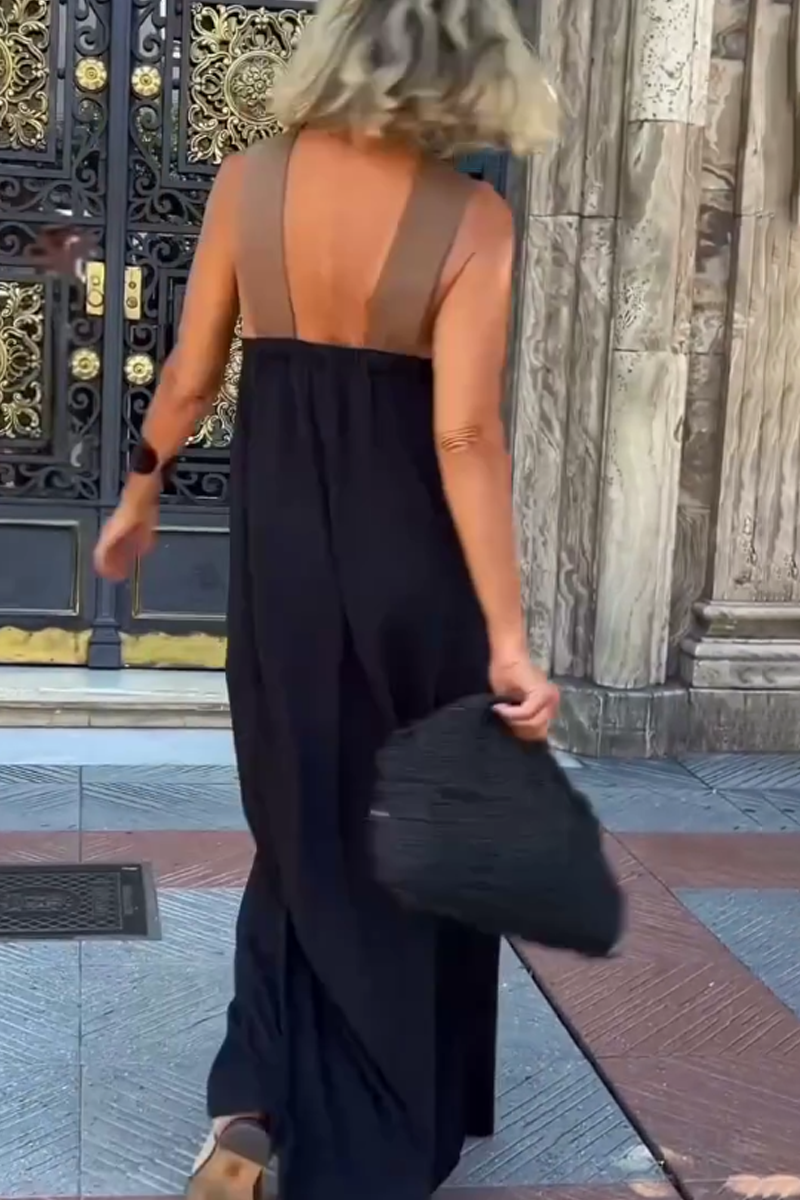 Moachic Women Cross Halter Neck Sleeveless Stitching Dress