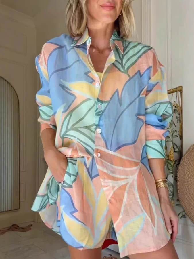Unique Delicate Printed Loose Shirt and Shorts Set