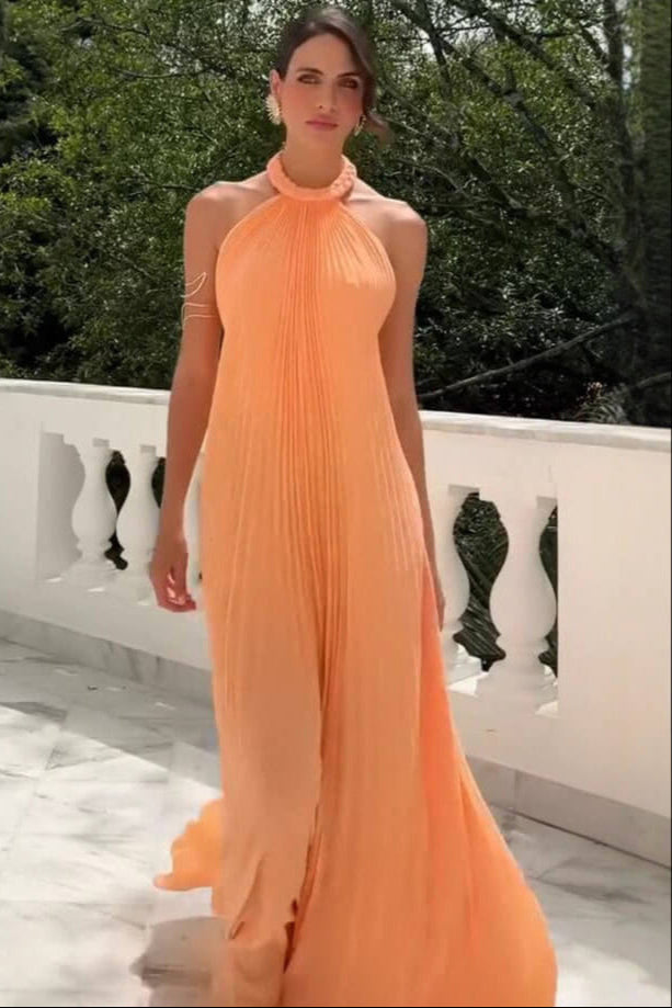 Moachic Halter Chiffon Flowy Maxi Dress